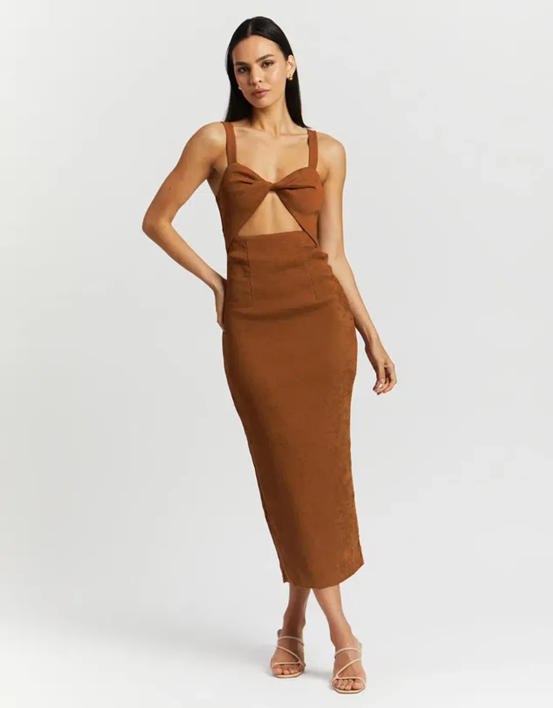 Shona Joy Simone Fitted Cut Out Midi Dress Terracotta Size 14 for rent on The Volte - main image