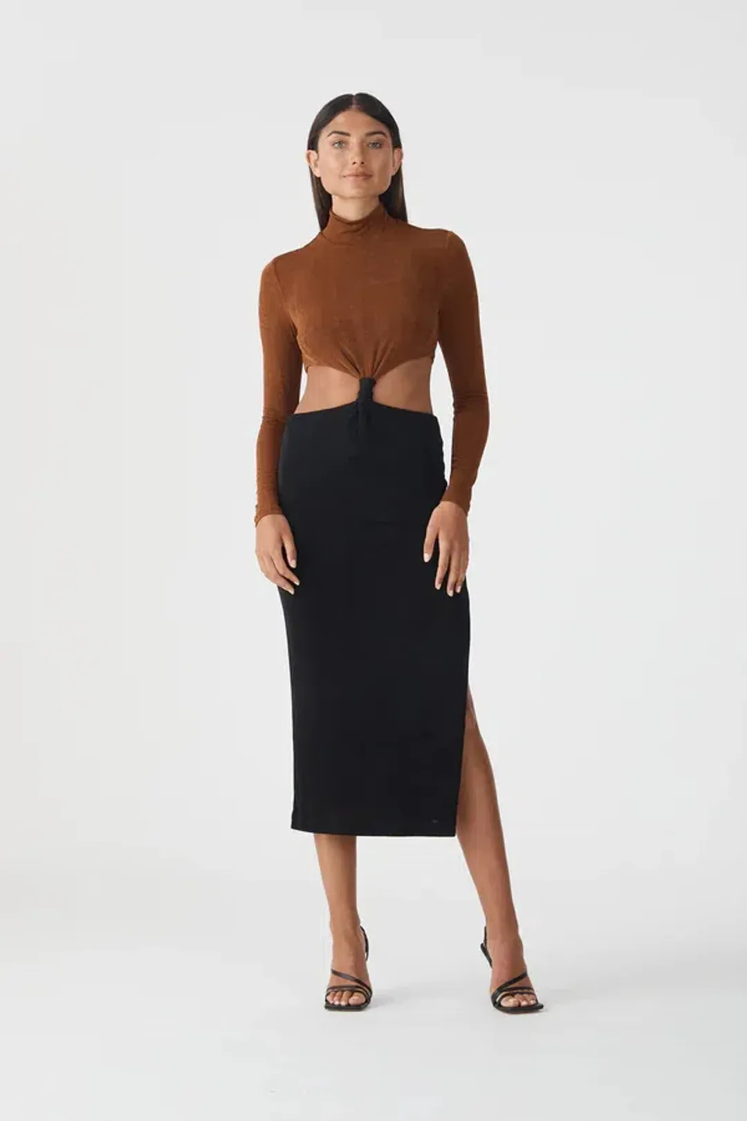 San Sloane Ninette Midi Dress Black/Brown Size AU 8 for rent on The Volte - main image