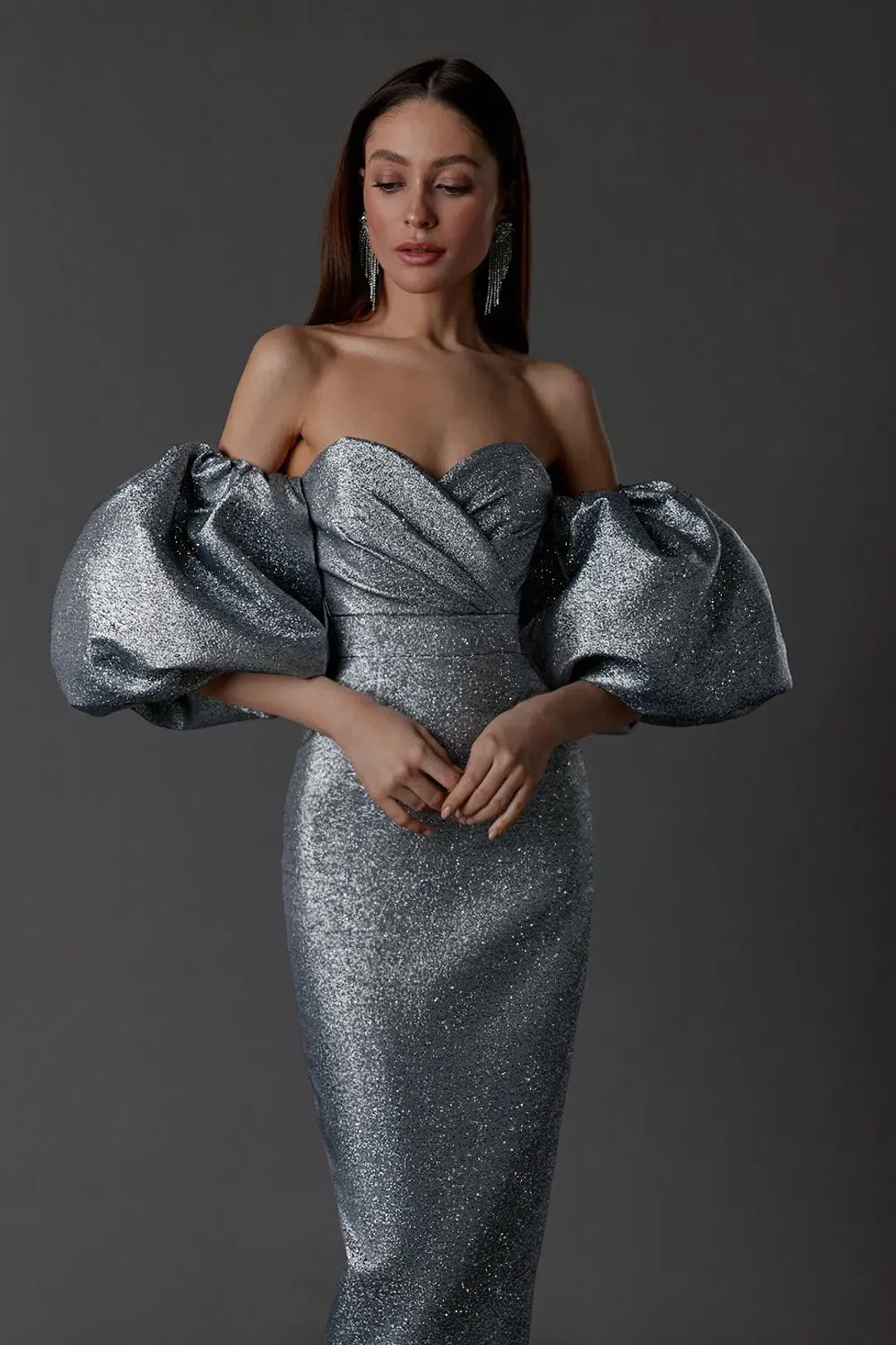 LN Family Midi Dress with Puff Sleeves Silver Size 6  for rent on The Volte - main image