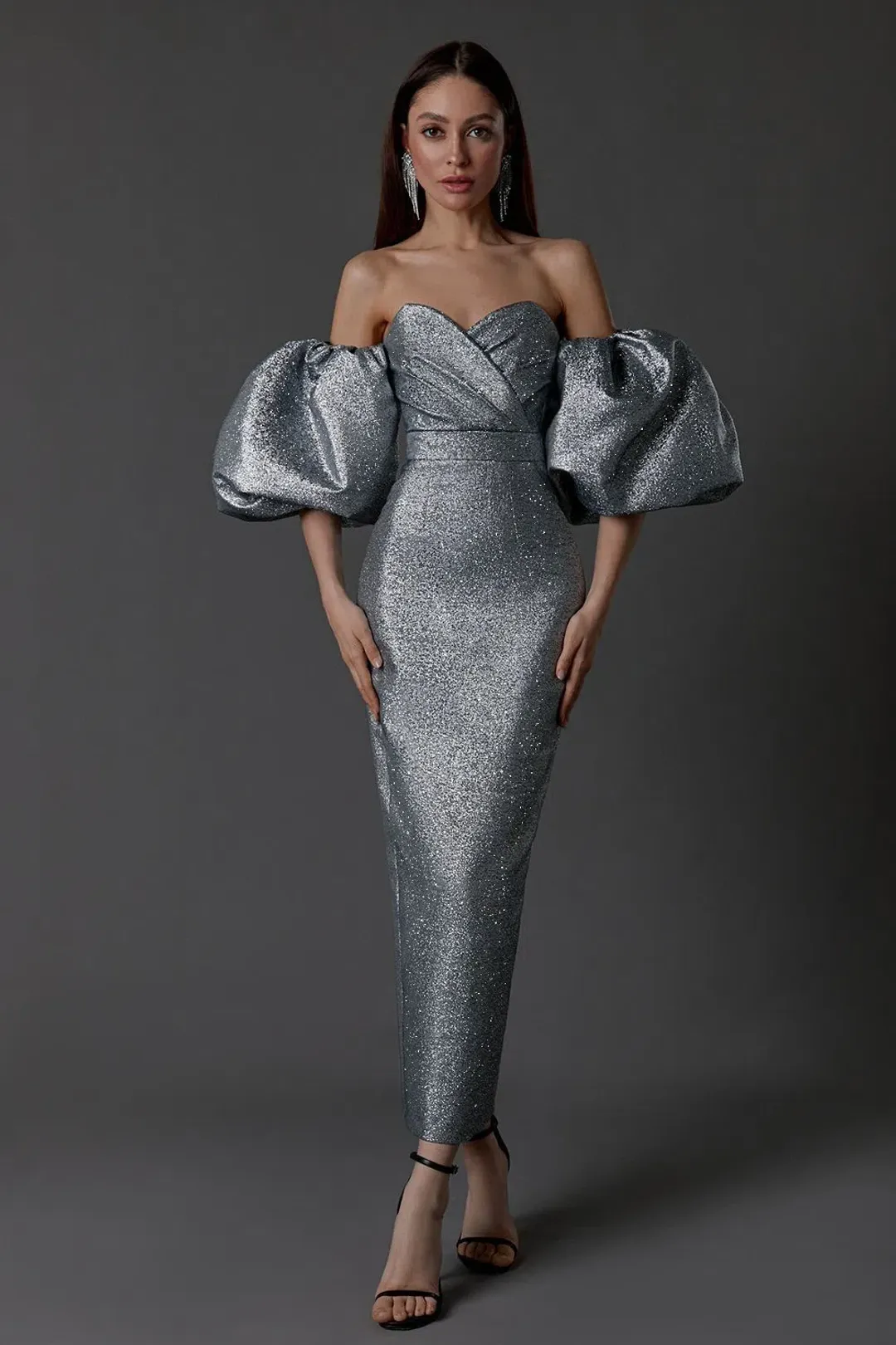 LN Family Midi Dress with Puff Sleeves Silver Size 6  for rent on The Volte - main image