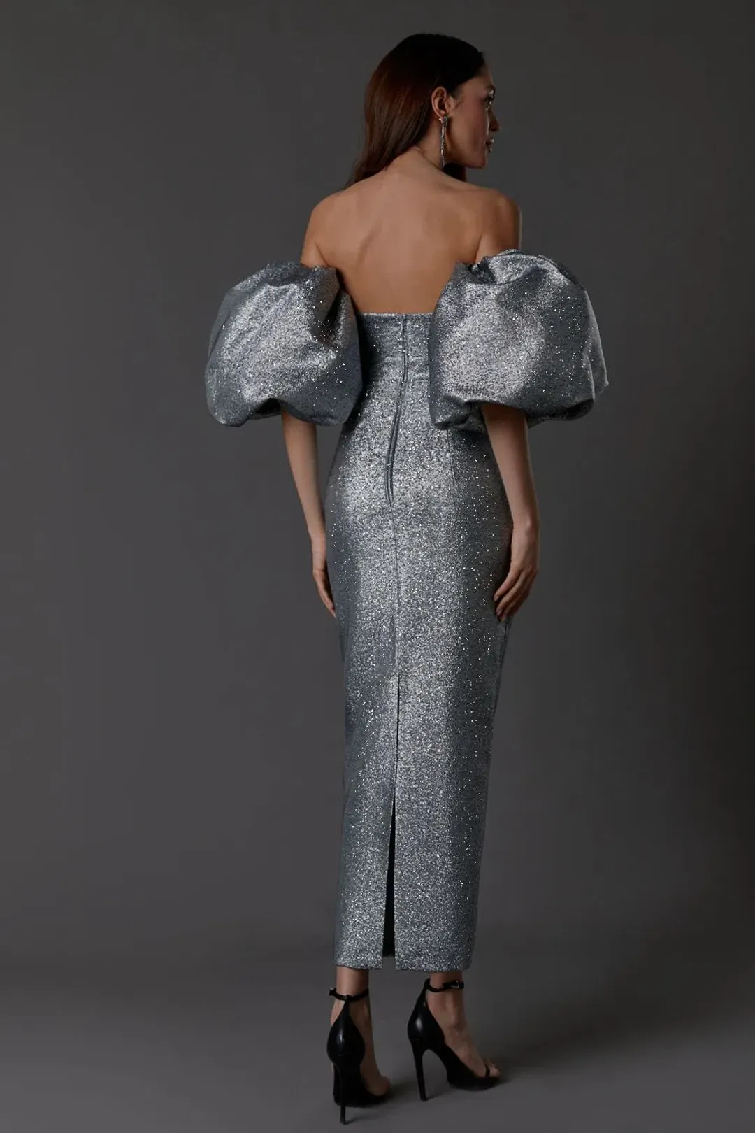 LN Family Midi Dress with Puff Sleeves Silver Size 6  for rent on The Volte - main image