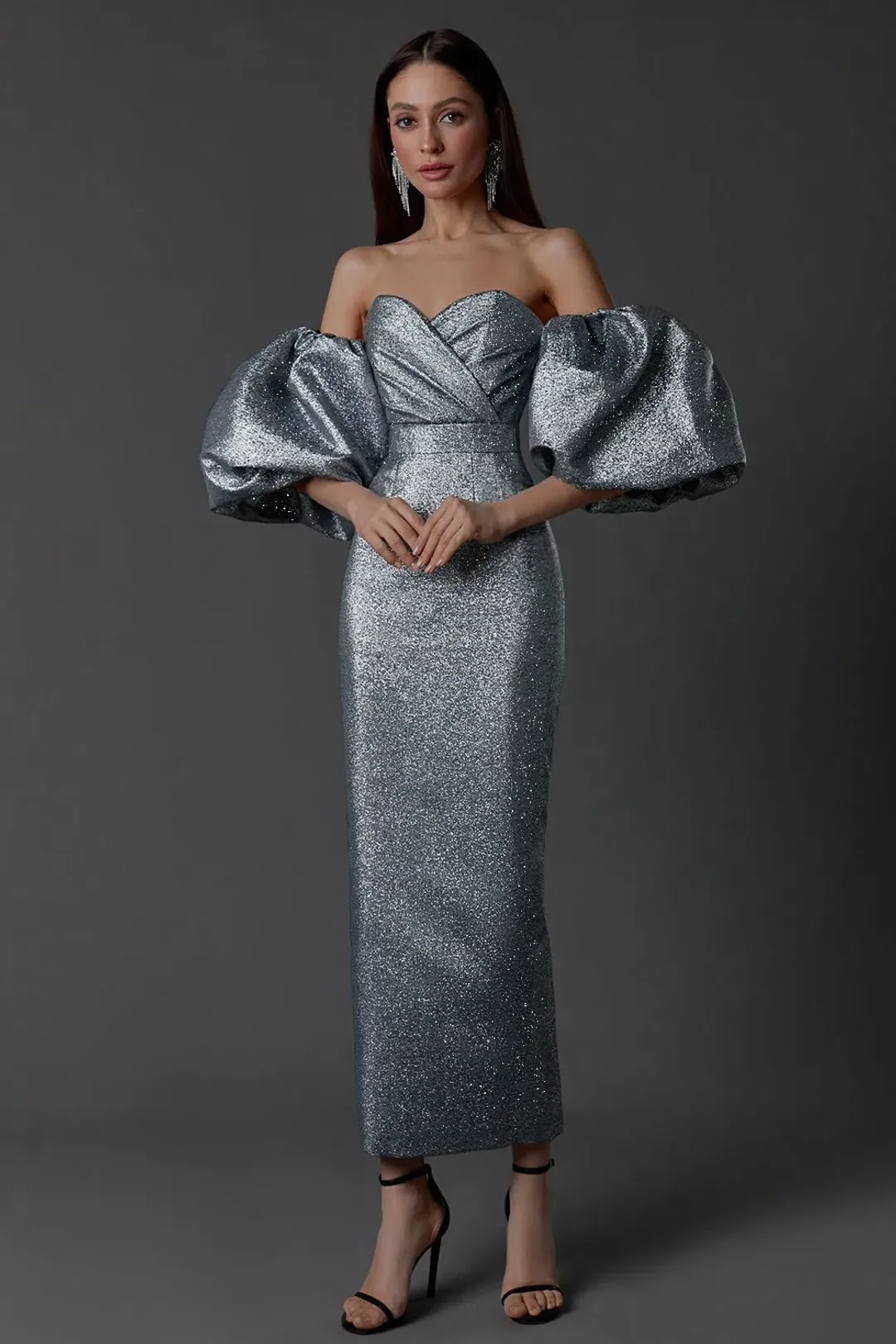LN Family Midi Dress with Puff Sleeves Silver Size 6  for rent on The Volte - main image