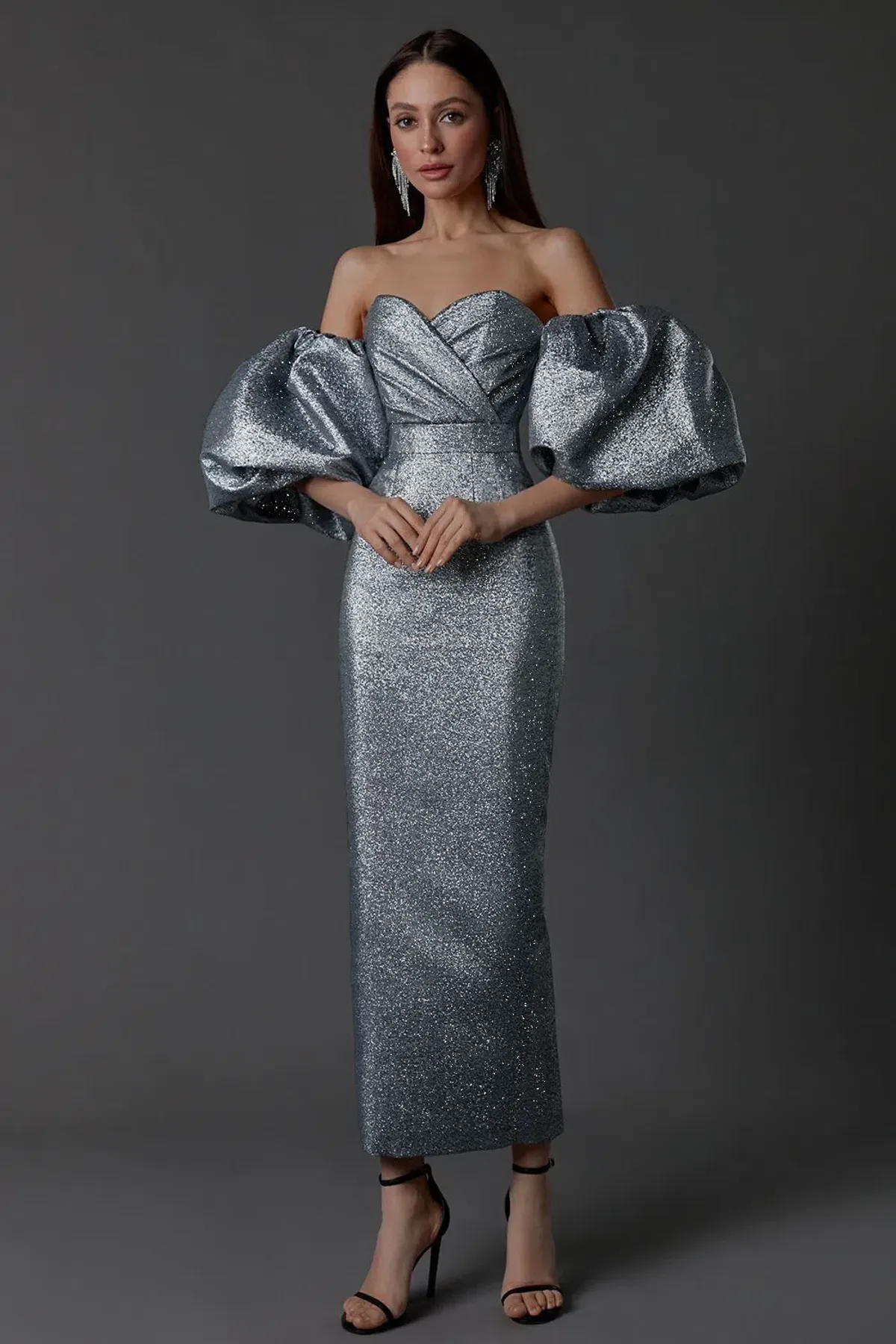 LN Family Midi Dress with Puff Sleeves Silver Size 6  for rent on The Volte - main image