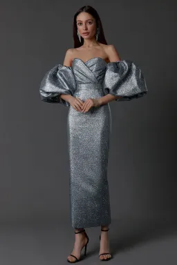 LN Family Midi Dress with Puff Sleeves Silver Size 6  for rent on The Volte - image 1