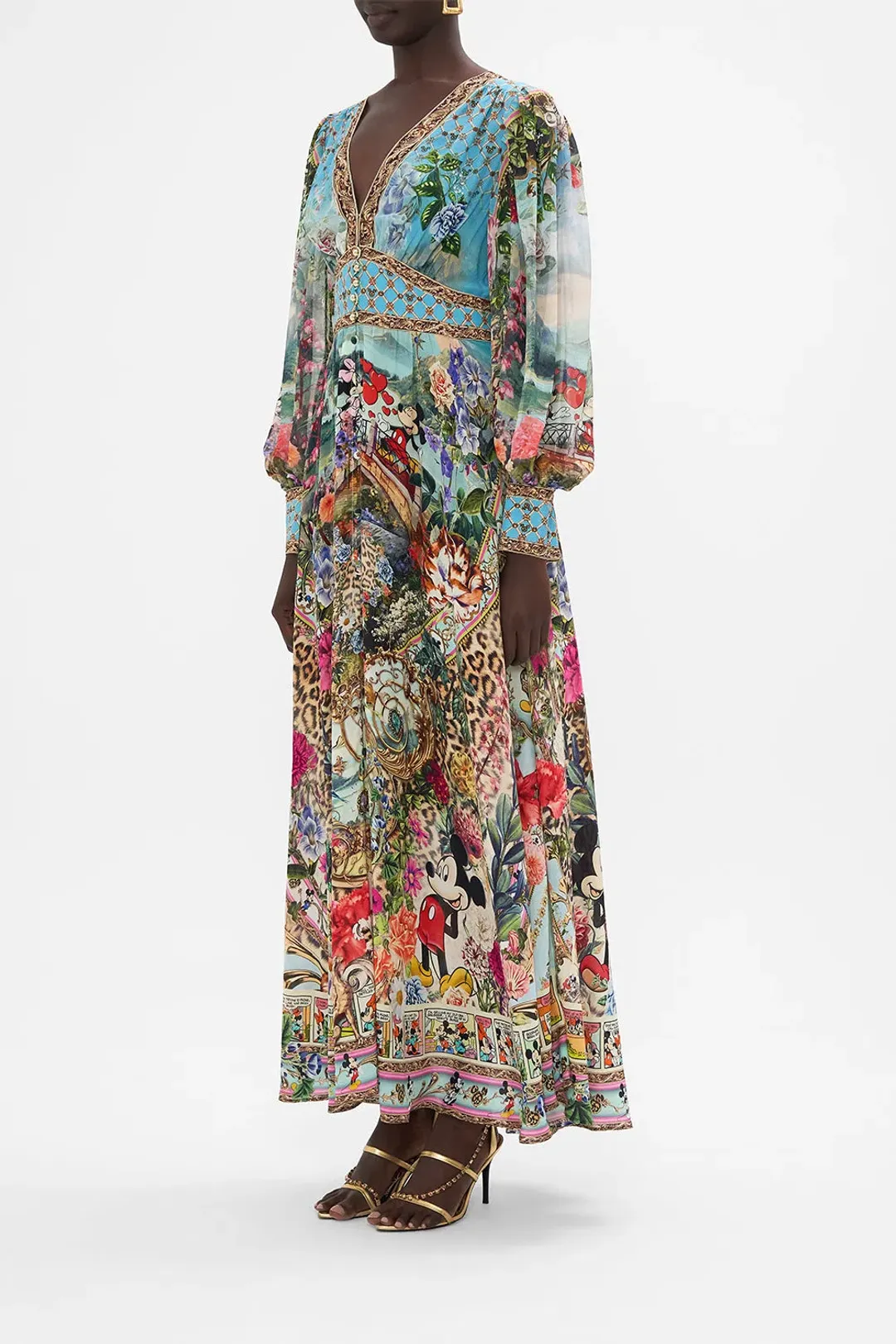 Camilla Mickey Takes A Trip Shaped Waistband Maxi Dress With Gathered Sleeves Size XL / AU 16 for rent on The Volte - main image