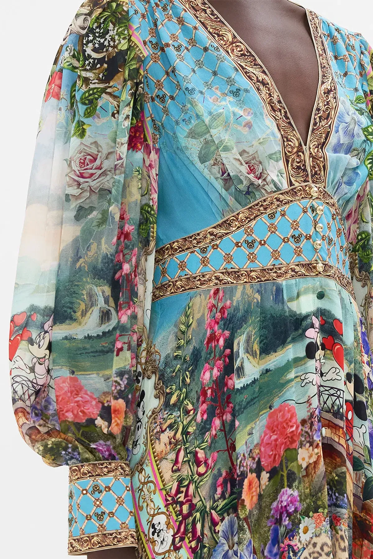 Camilla Mickey Takes A Trip Shaped Waistband Maxi Dress With Gathered Sleeves Size XL / AU 16 for rent on The Volte - main image