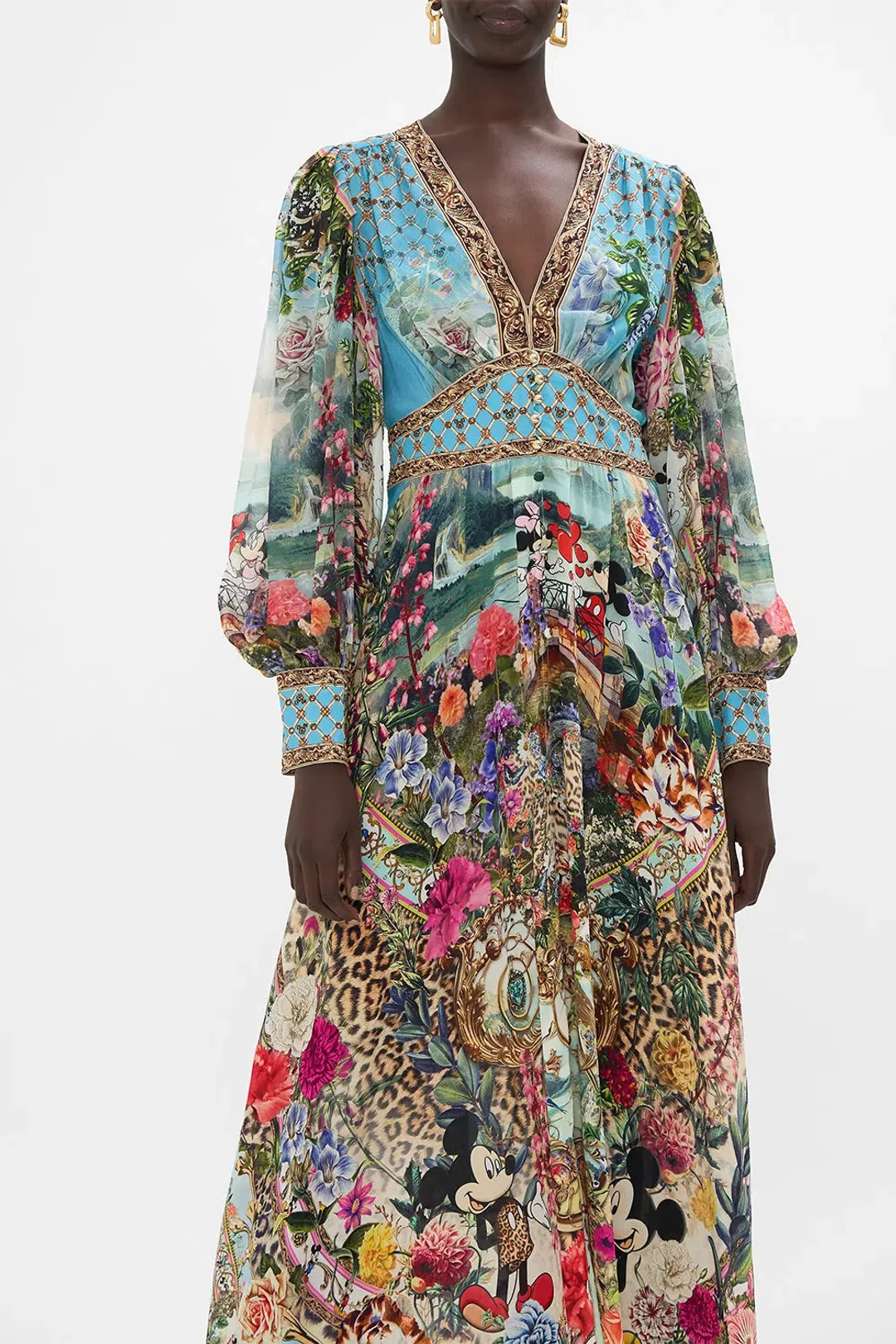 Camilla Mickey Takes A Trip Shaped Waistband Maxi Dress With Gathered Sleeves Size XL / AU 16 for rent on The Volte - main image