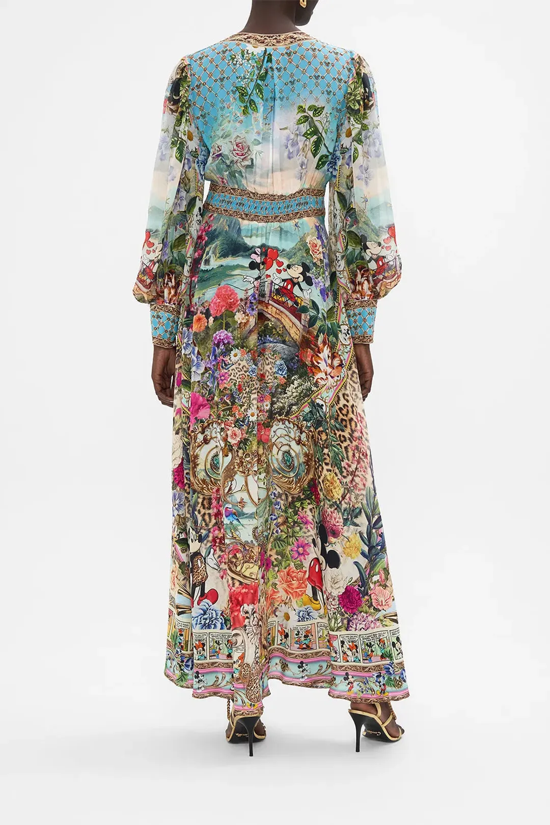 Camilla Mickey Takes A Trip Shaped Waistband Maxi Dress With Gathered Sleeves Size XL / AU 16 for rent on The Volte - main image