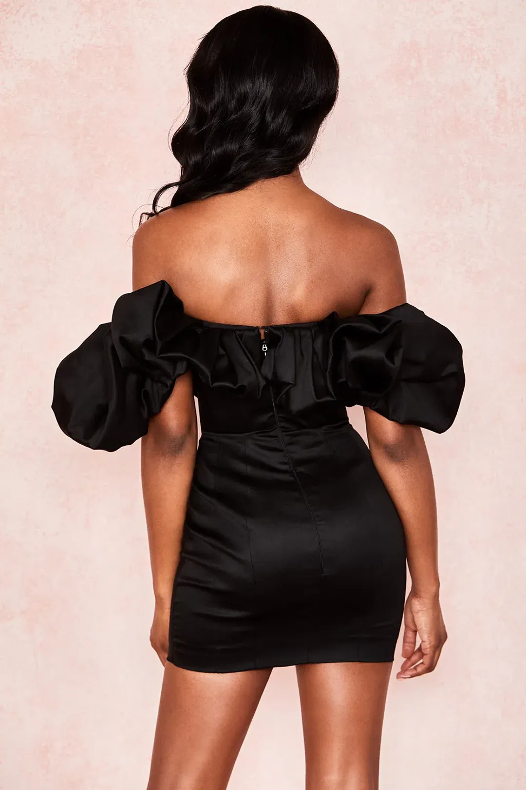 House of CB Selena Satin Puff Shoulder Mini Dress Black Size M / Au 10 for rent on The Volte - main image
