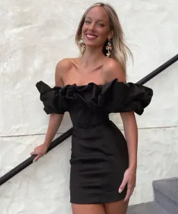 House of CB Selena Satin Puff Shoulder Mini Dress Black Size M / Au 10 for rent on The Volte - image 4