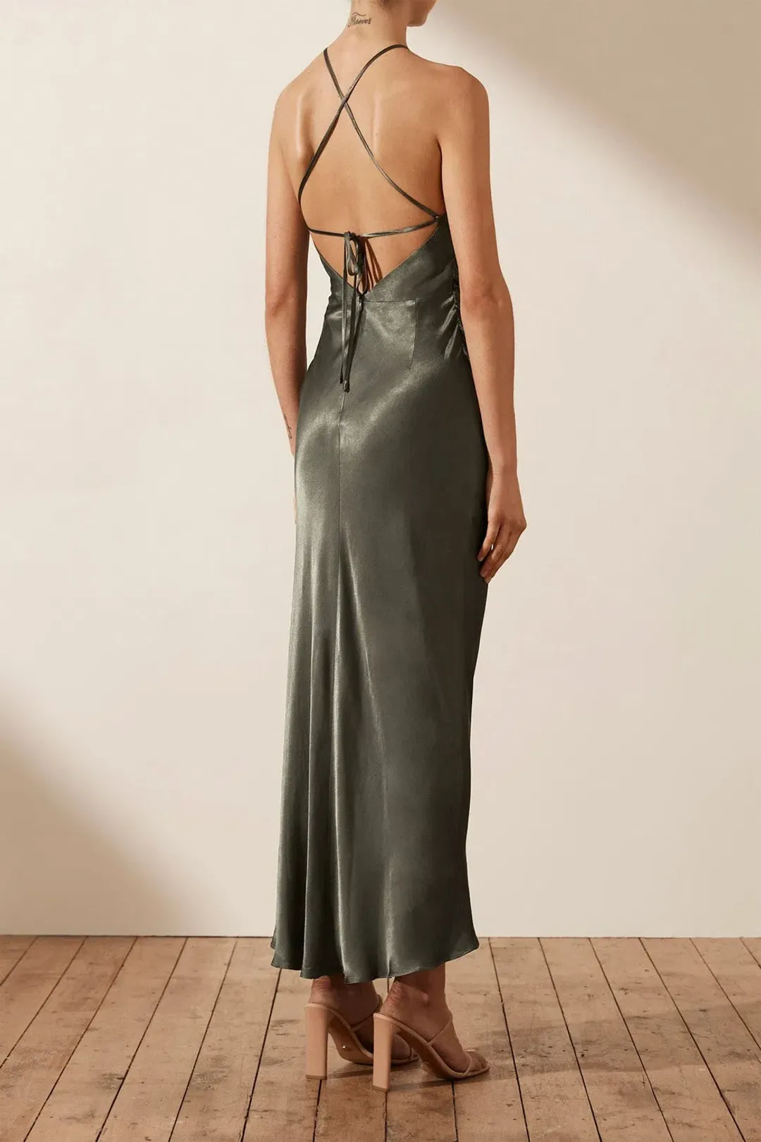 Shona Joy La Lune Gathered Square Neck Bias Midi Dress Olive Size 10 for rent on The Volte - main image