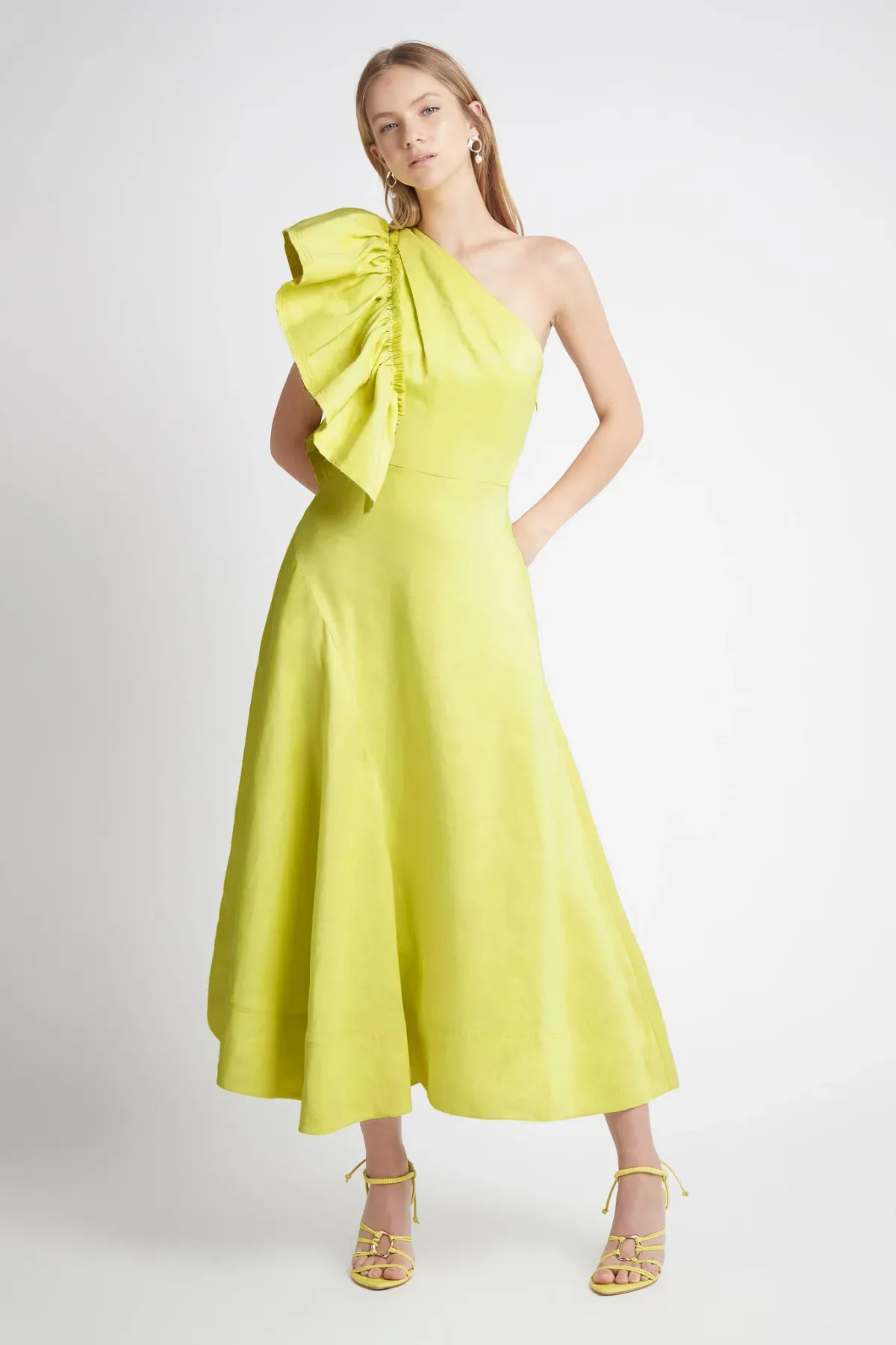 Aje Bonjour Asymmetric Midi Dress Lime Green Size 8  for rent on The Volte - main image
