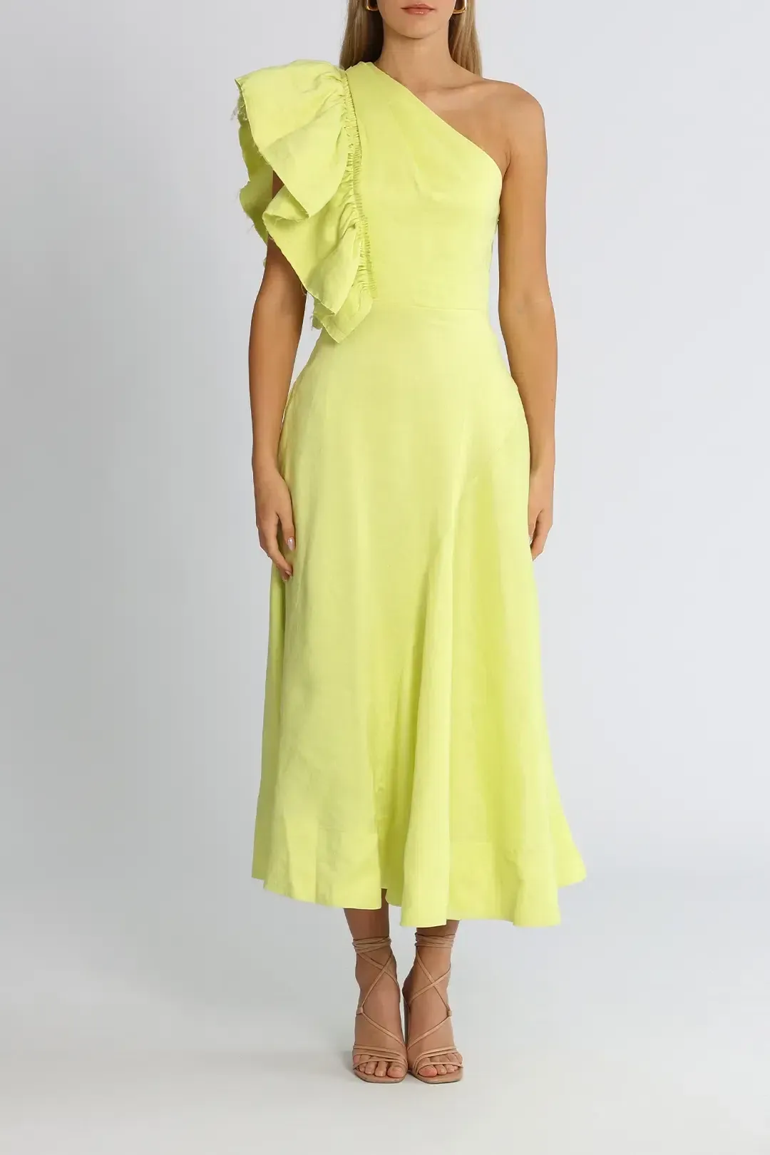 Aje Bonjour Asymmetric Midi Dress Lime Green Size 8  for rent on The Volte - main image