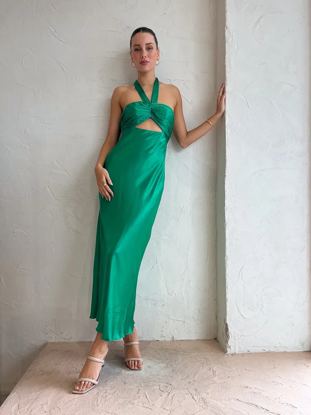 Shona Joy Lana Ruched Halter Midi Dress Tree Green Size 4 for rent on The Volte - main image