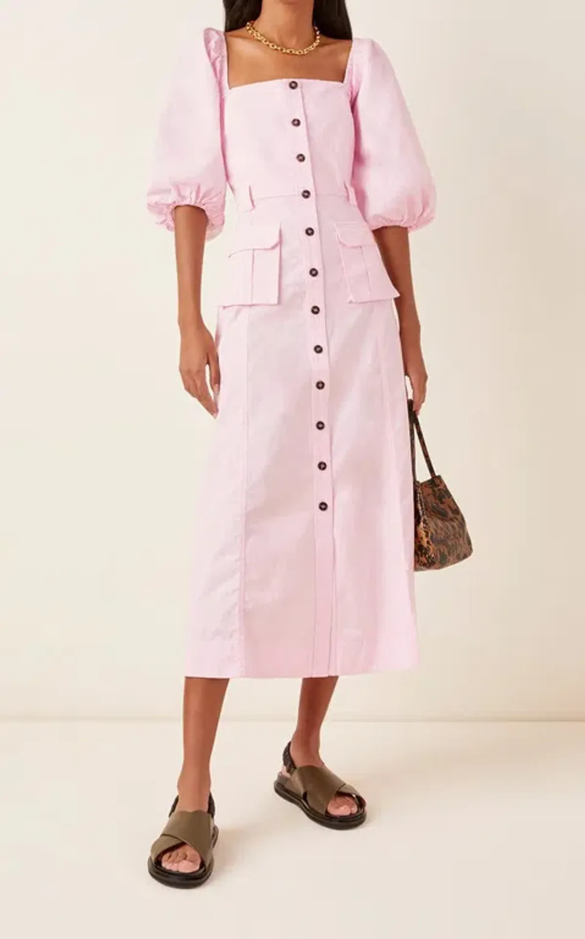 Ganni Cotton-blend Ripstop Midi Dress Pink Size 10 for rent on The Volte - main image