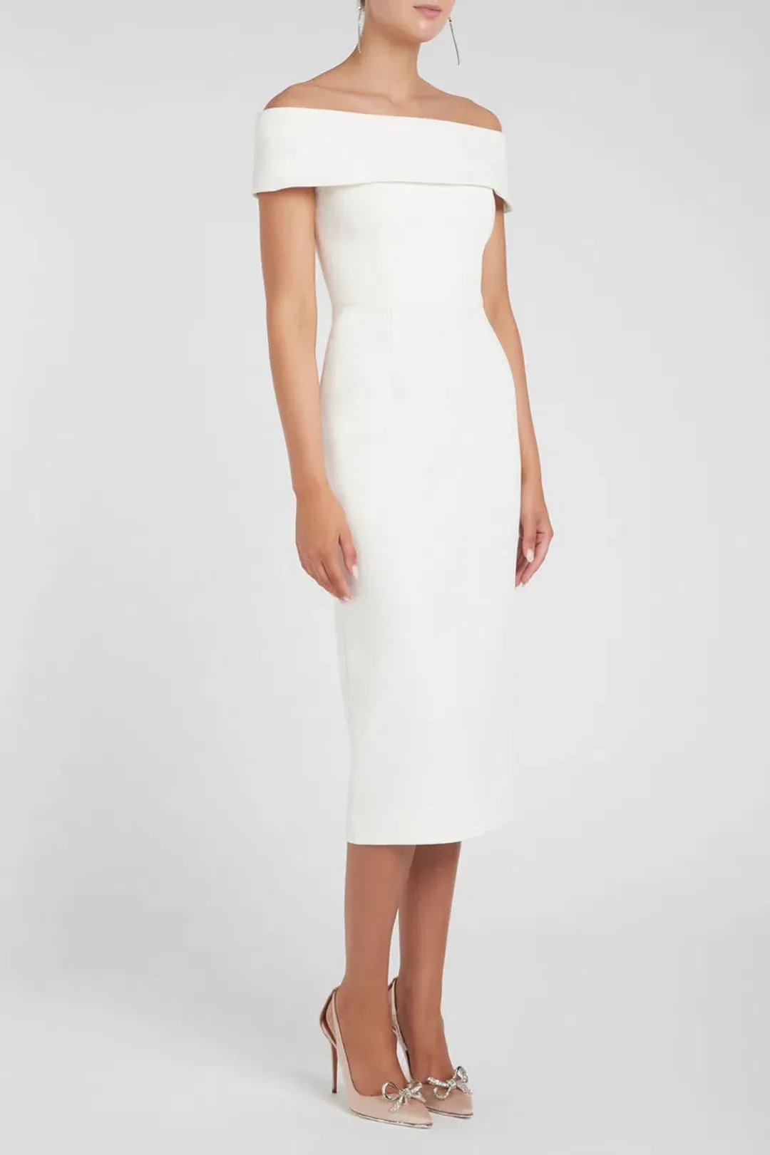 Rebecca Vallance Amore Off Shoulder Midi Dress Ivory Size 6  for rent on The Volte - main image