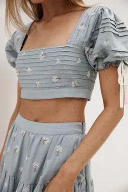 By Odet Fleur Embroidered Crop and Maxi Skirt Set Periwinkle Size M / Au 10 for rent on The Volte - image 2