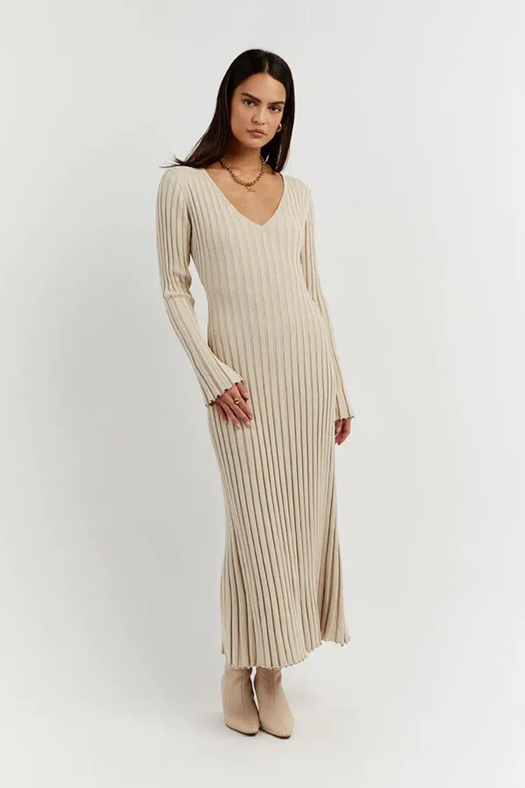 Dissh Reign Stone Sleeved Knit Midi Dress Stone Size XS/AU 6 for rent on The Volte - main image