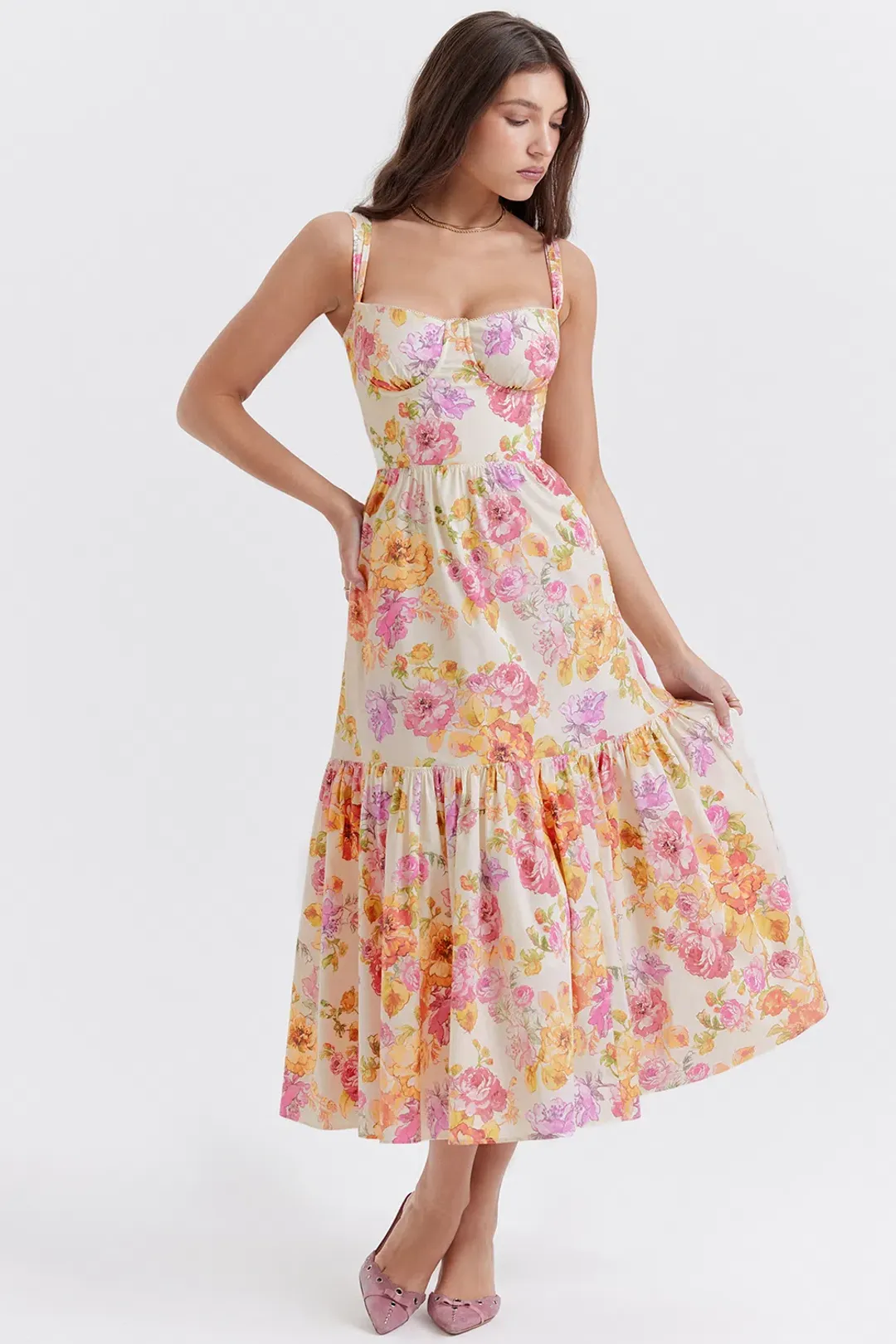House Of CB Elia Ivory Floral Midi Sundress Floral Size S / Au 8 for rent on The Volte - main image