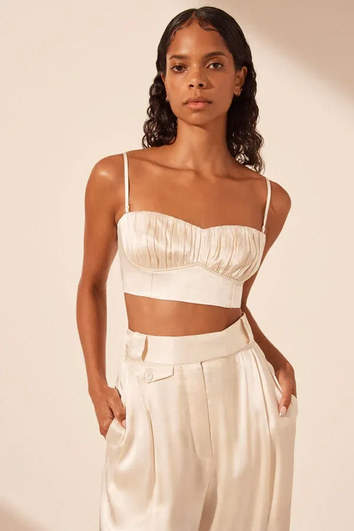 Shona Joy La Lune Corded Ruched Bralette & Bias Maxi Skirt Set Cream Size 8 for rent on The Volte - main image