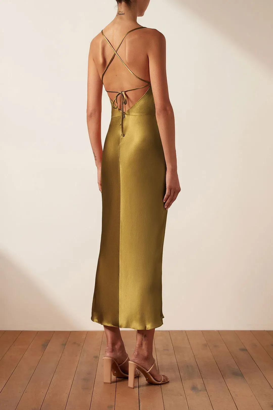 Shona Joy Giorgia Asymmetrical Midi Dress  Olive Oil Size 8 for rent on The Volte - main image