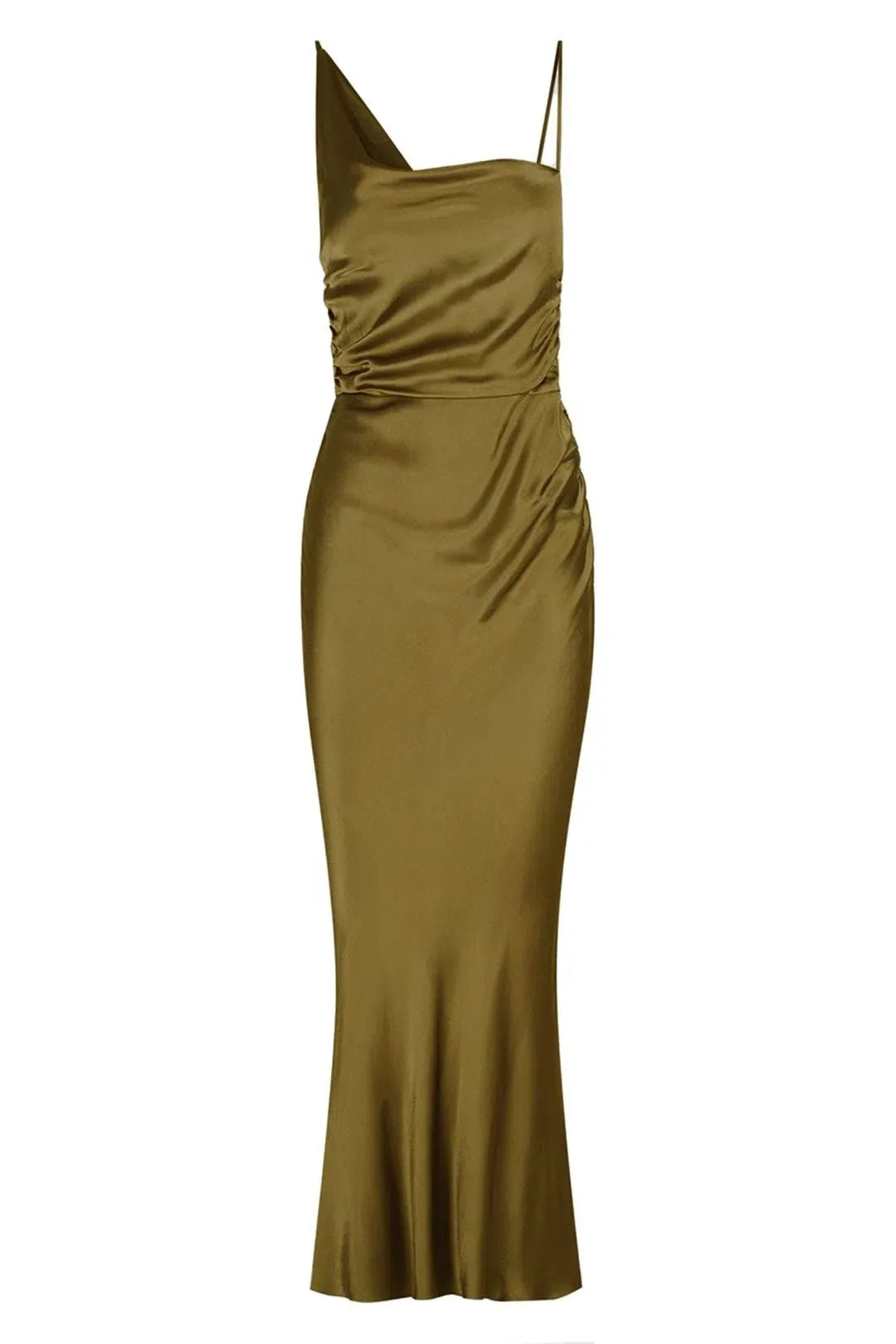 Shona Joy Giorgia Asymmetrical Midi Dress  Olive Oil Size 8 for rent on The Volte - main image