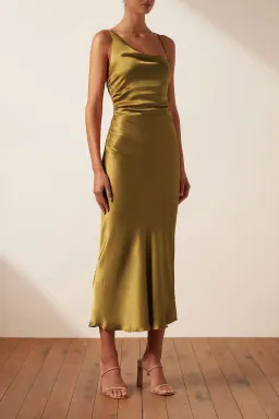 Shona Joy Giorgia Asymmetrical Midi Dress  Olive Oil Size 8 for rent on The Volte - image 1