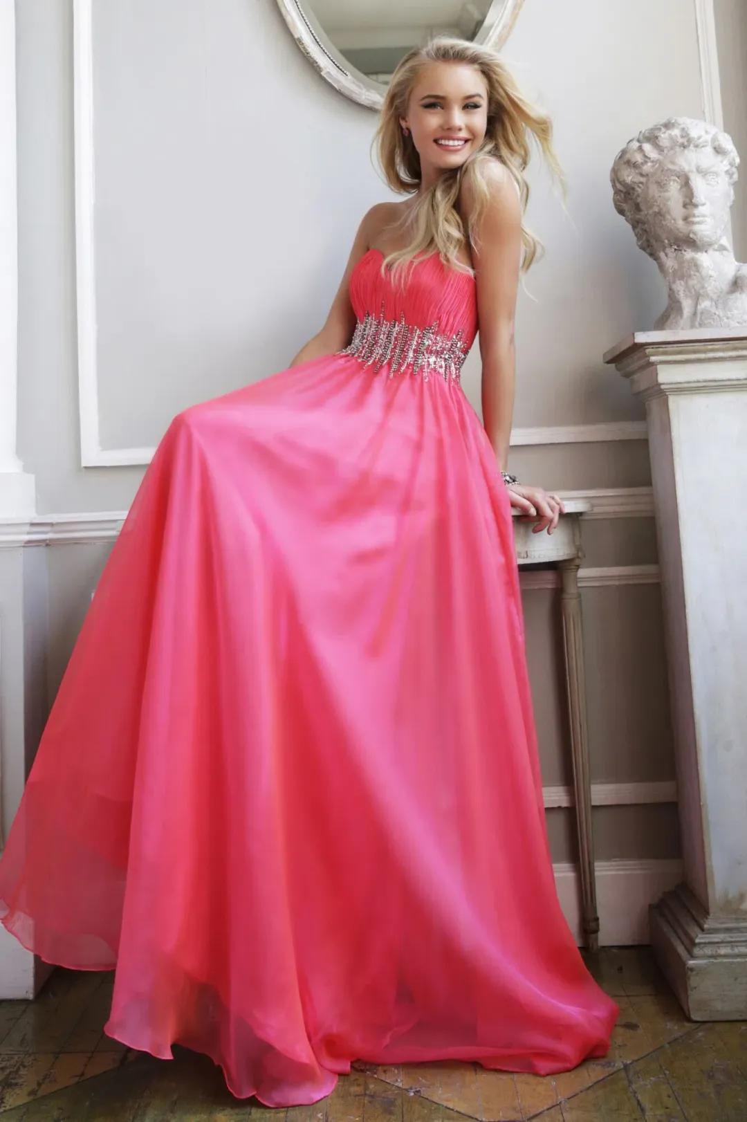 Sherri Hill 3909 Strawberry Strapless Long Formal Dress Pink Size 0/Aus 4 for rent on The Volte - main image