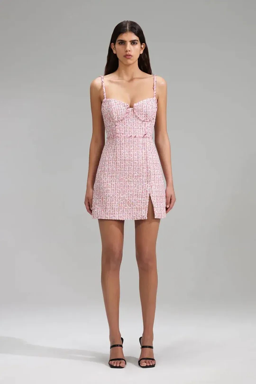 Self Portrait Bouclé Tweed Diamante Mini Dress Pink Size 10 for rent on The Volte - main image