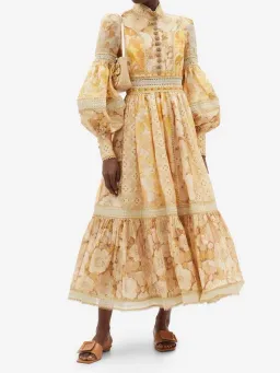 Zimmermann Tempo Spliced Trim Gown Gold Mixed Print Size 1 / Au 10 for rent on The Volte - image 1