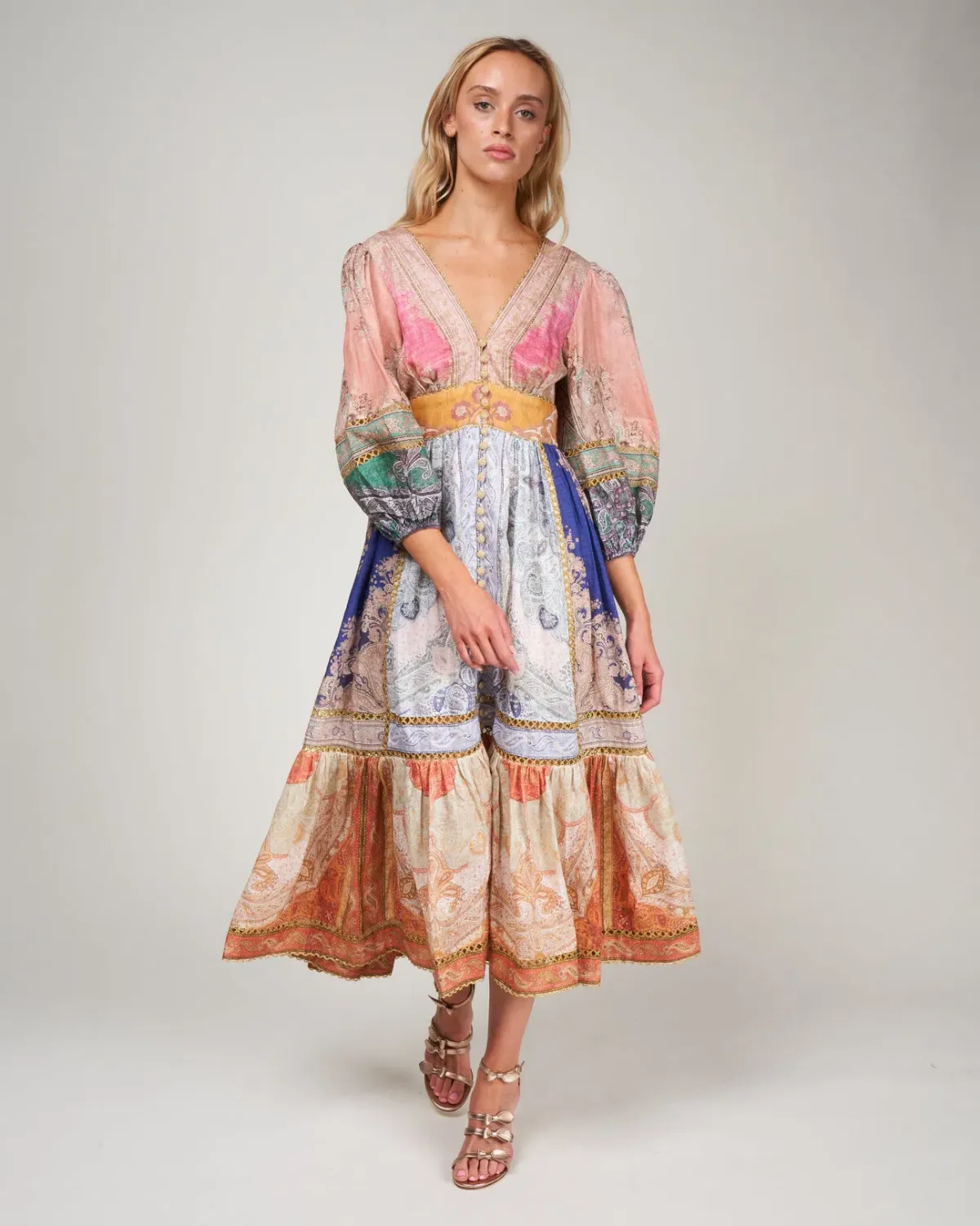 Zimmermann Anneke Lantern Midi Dress Spliced Size 0 / AU 8 for rent on The Volte - main image