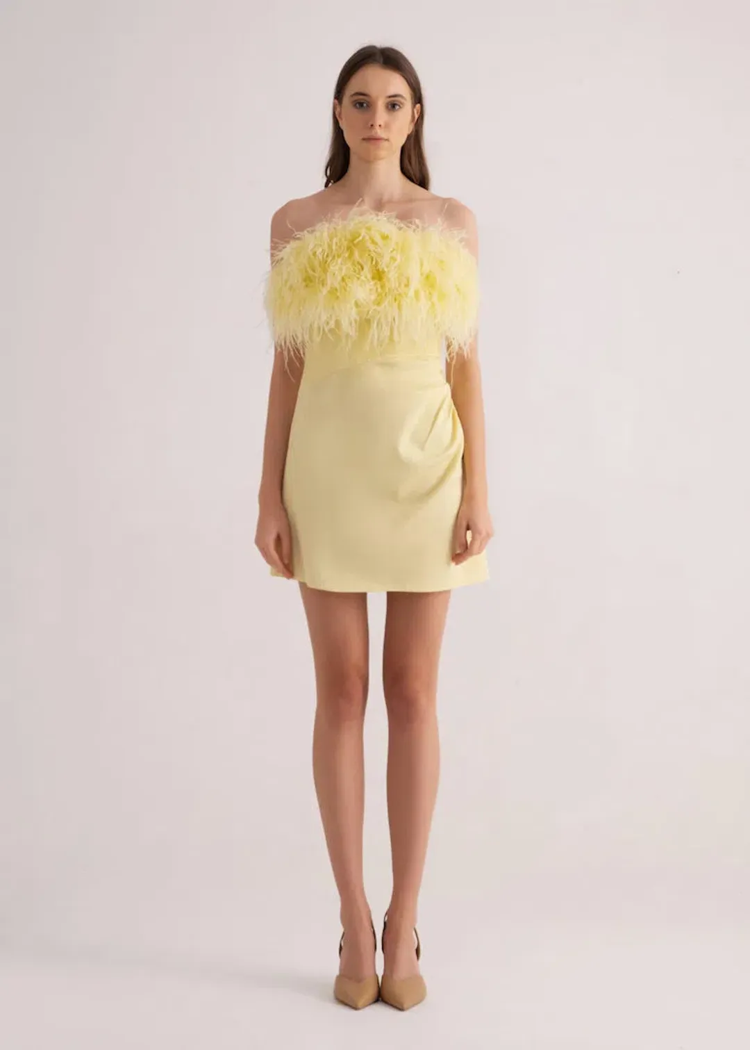 F.ILKK Feather Mini Dress Yellow Size 8 for rent on The Volte - main image