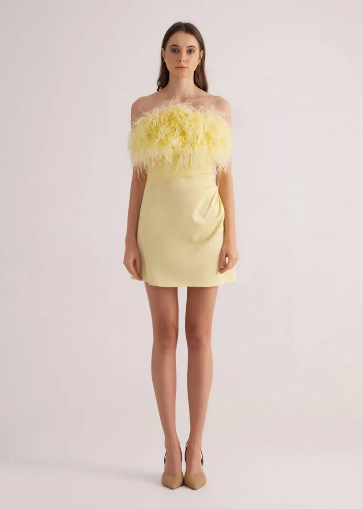 F.ILKK Feather Mini Dress Yellow Size 8 for rent on The Volte - main image