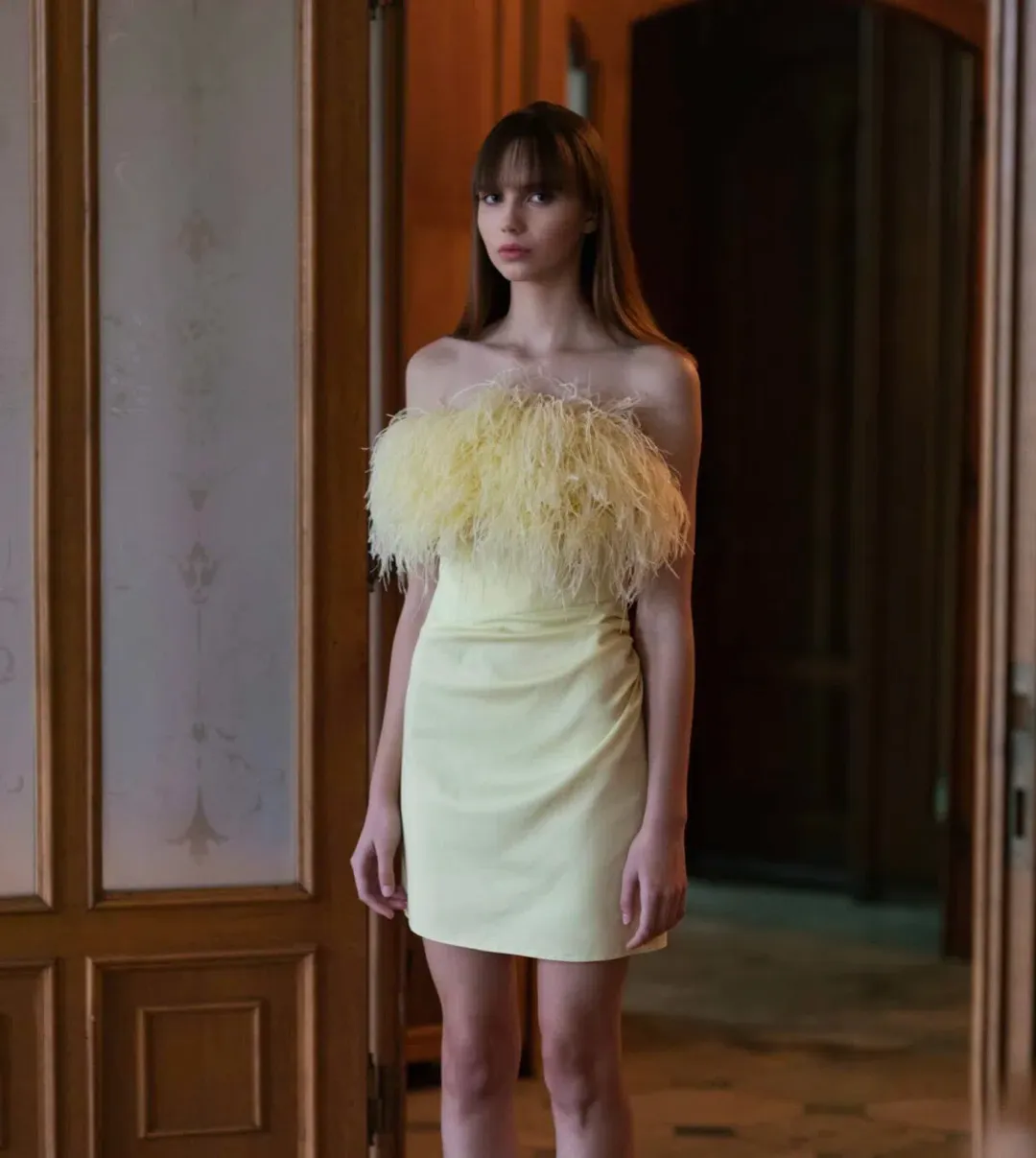 F.ILKK Feather Mini Dress Yellow Size 8 for rent on The Volte - main image