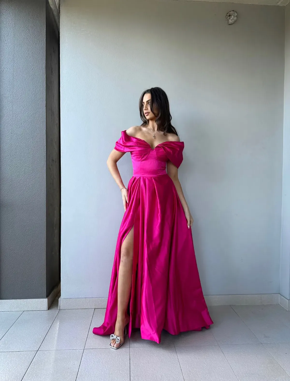 Custom Off Shoulder Formal Gown Pink Size 8/10 for rent on The Volte - main image
