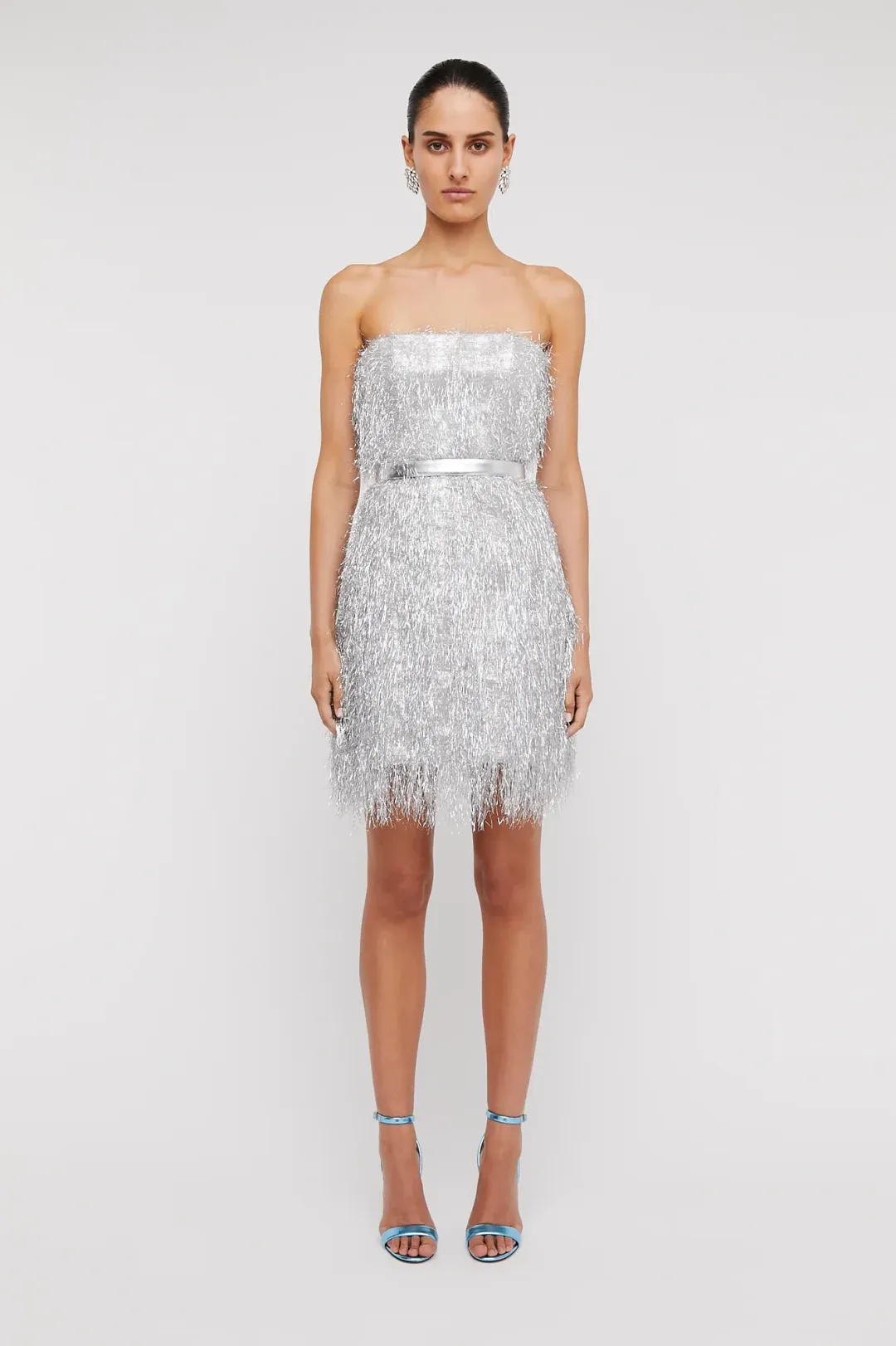 Scanlan Theodore Tinsel Mini Dress Silver Size 8 for rent on The Volte - main image