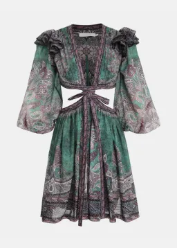Zimmermann Anneke Ruffle Mini Dress Teal Paisley Size 0 / AU 8 for rent on The Volte - image 3