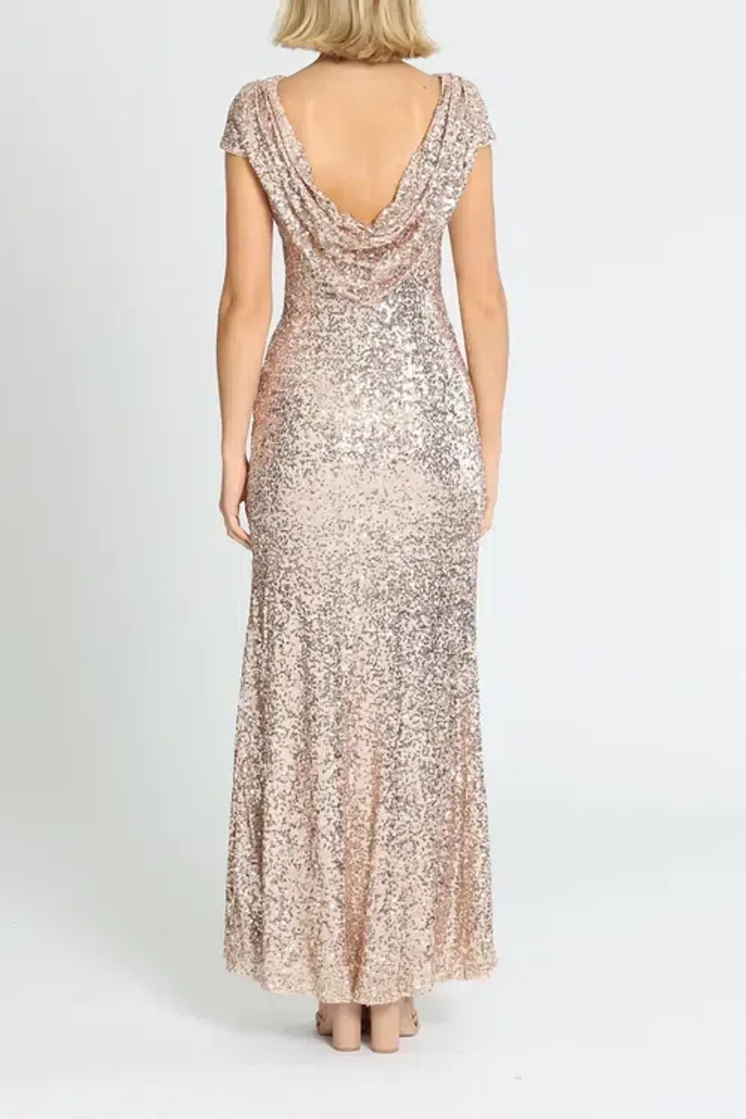 Badgley Mischka Sequin Cowl Back Gown Rose Gold Size 14 for rent on The Volte - main image