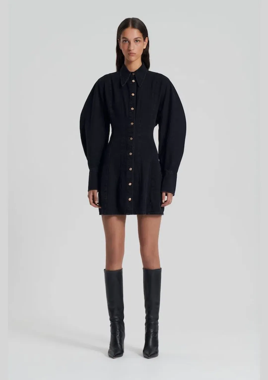 Scanlan Theodore Denim Cocoon Sleeve Mini Dress Washed Black Size 6 / XS for rent on The Volte - main image
