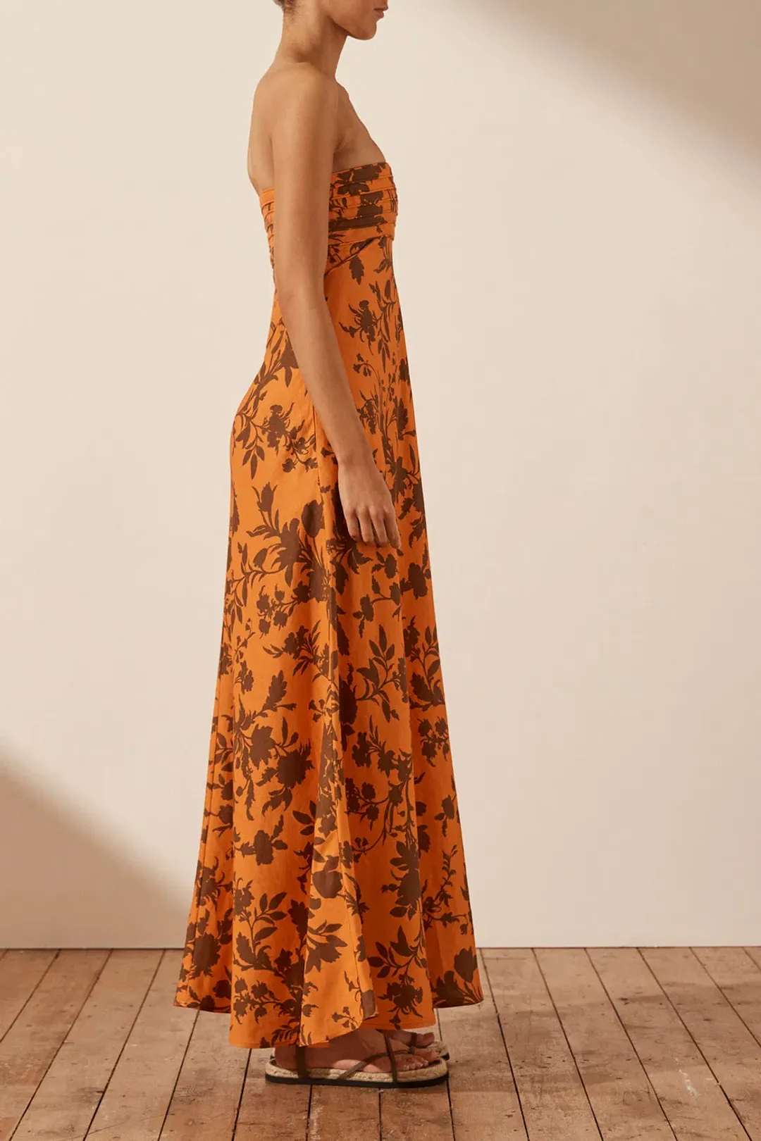Shona Joy Uli Linen Corded Strapless Maxi Dress Print Size 8 for rent on The Volte - main image