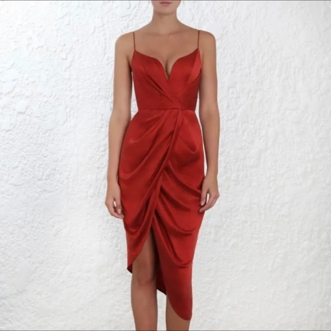 Zimmermann Silk Plunge Drape Dress in Terracotta/Red Size 3/Au 14 for rent on The Volte - main image