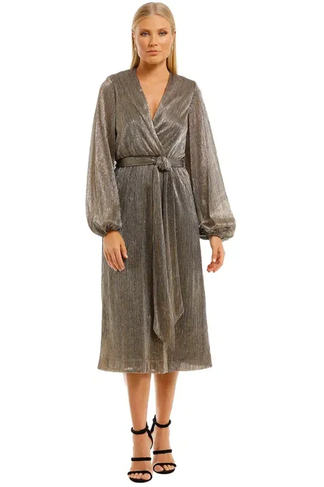 Rebecca Vallance Rivero LS Midi Dress Gold Gold Size 8 for rent on The Volte - main image