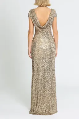 Badgley Mischka Sequin Cowl Back Gown Gold Size 10 for rent on The Volte - image 3