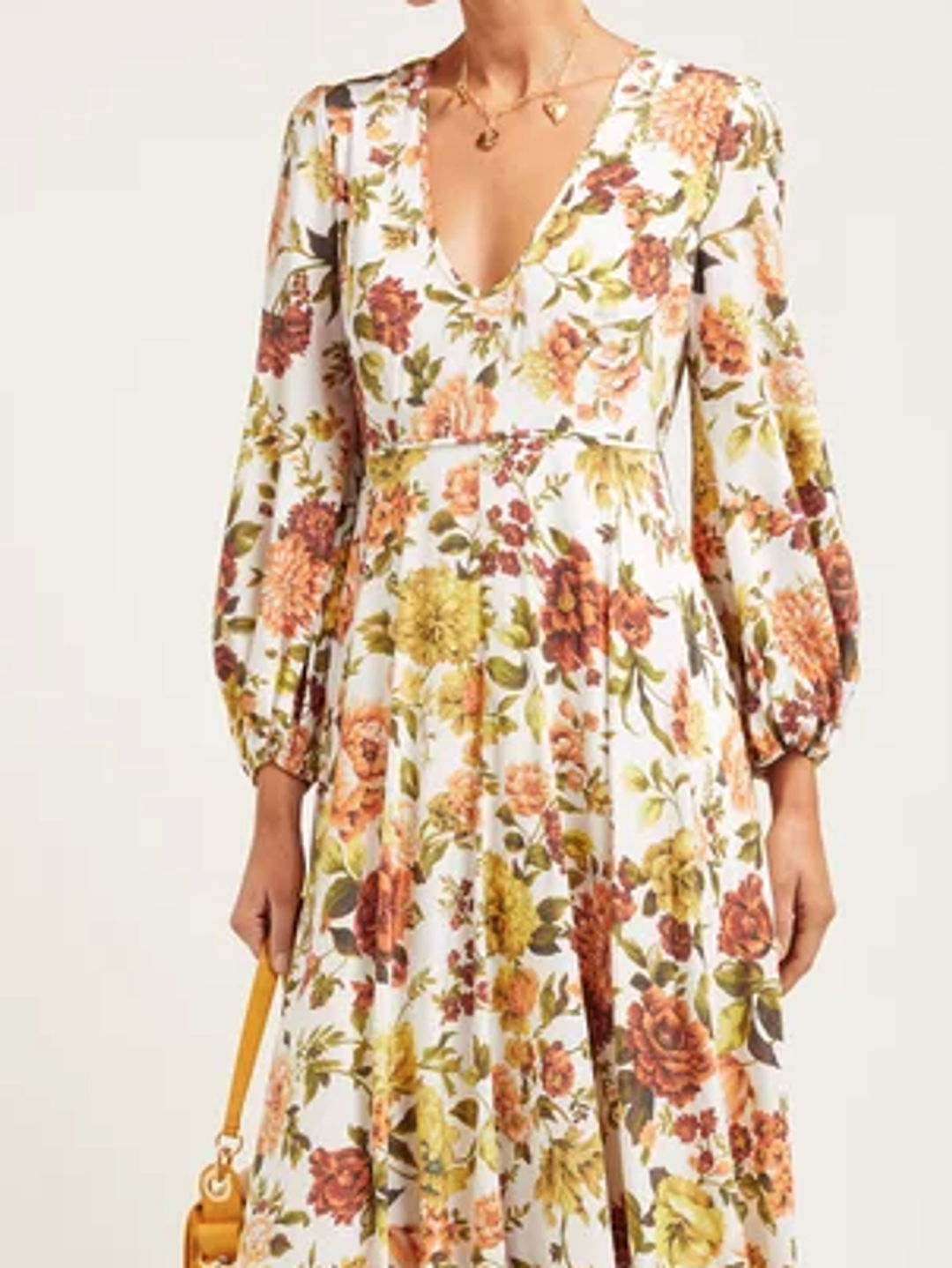 Zimmermann Zippy Plunge Long Dress Peachy Autumn Floral Size 14 for rent on The Volte - main image