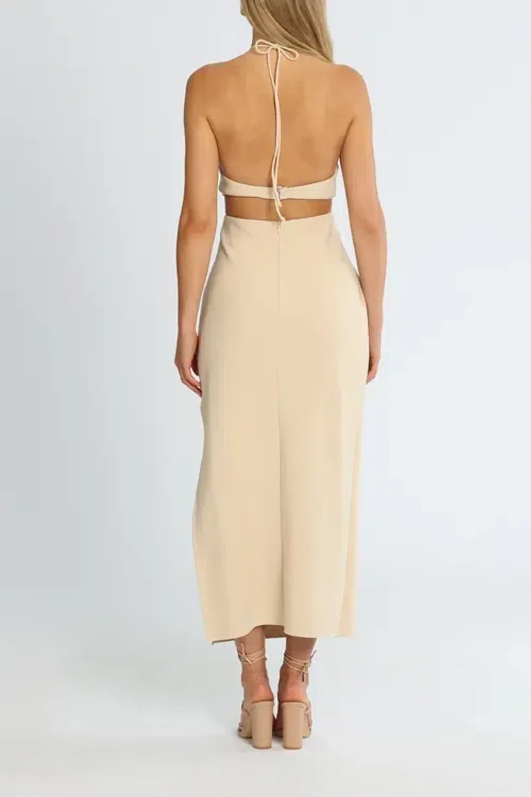 Bec & Bridge Iris Halter Midi Dress Macadamia Nude Size AU 14 for rent on The Volte - main image