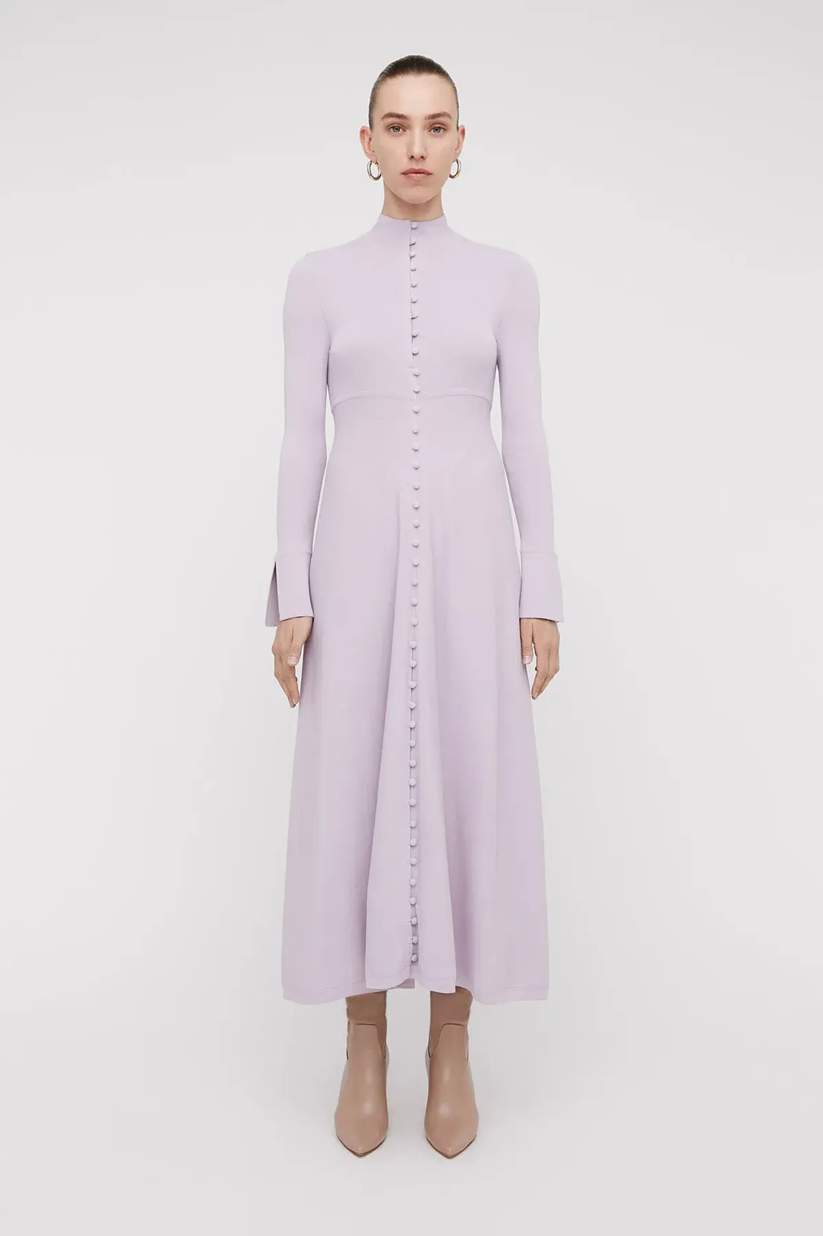 Scanlan Theodore Crepe Knit Button Polo Dress Pale Mauve Size 8 for rent on The Volte - main image
