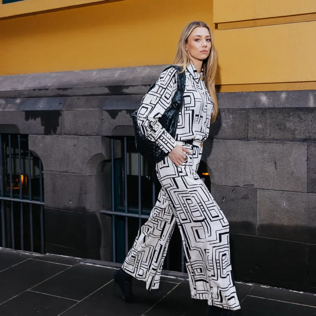 Aje Vortex Belted Shirt and Split Leg Pant Set Print Size 8 Top Size 10 Pants for rent on The Volte - main image