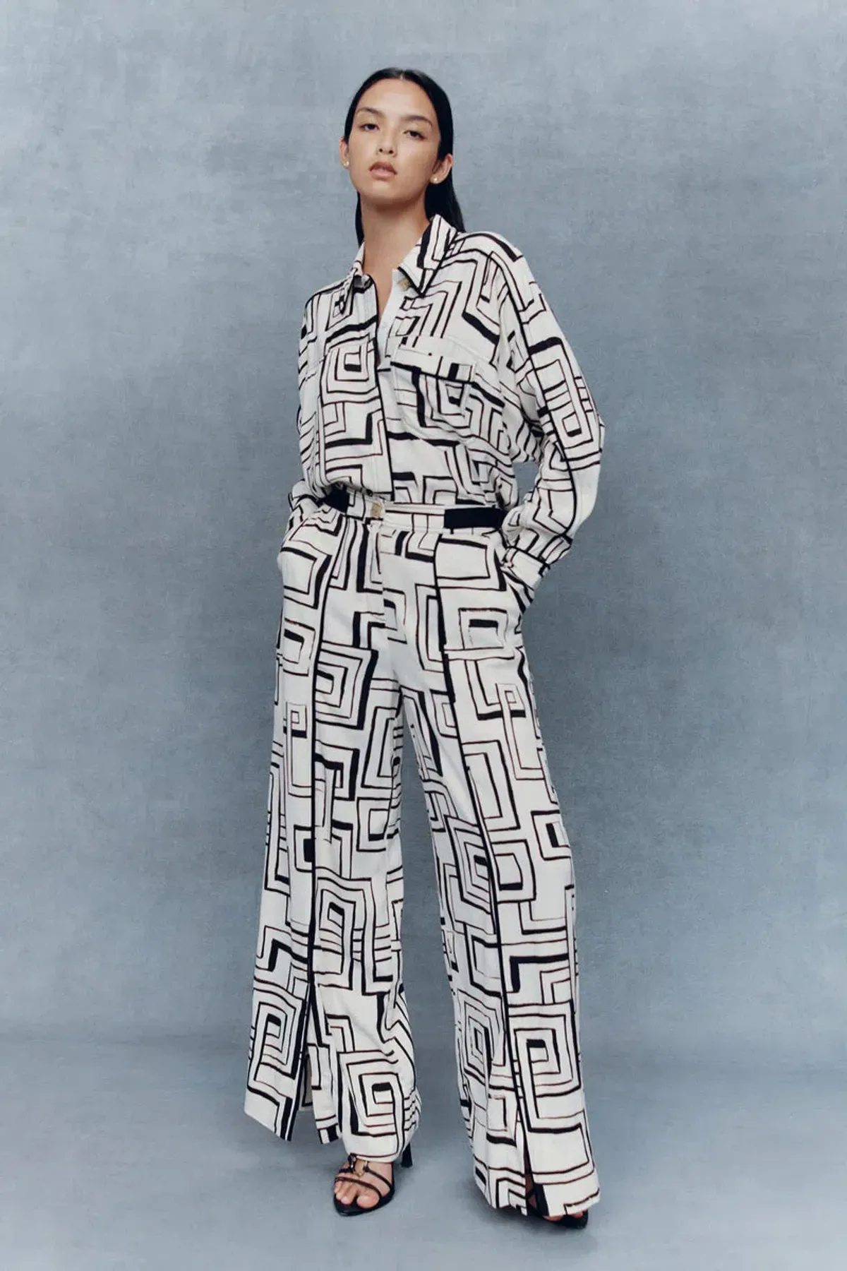 Aje Vortex Belted Shirt and Split Leg Pant Set Print Size 8 Top Size 10 Pants for rent on The Volte - main image