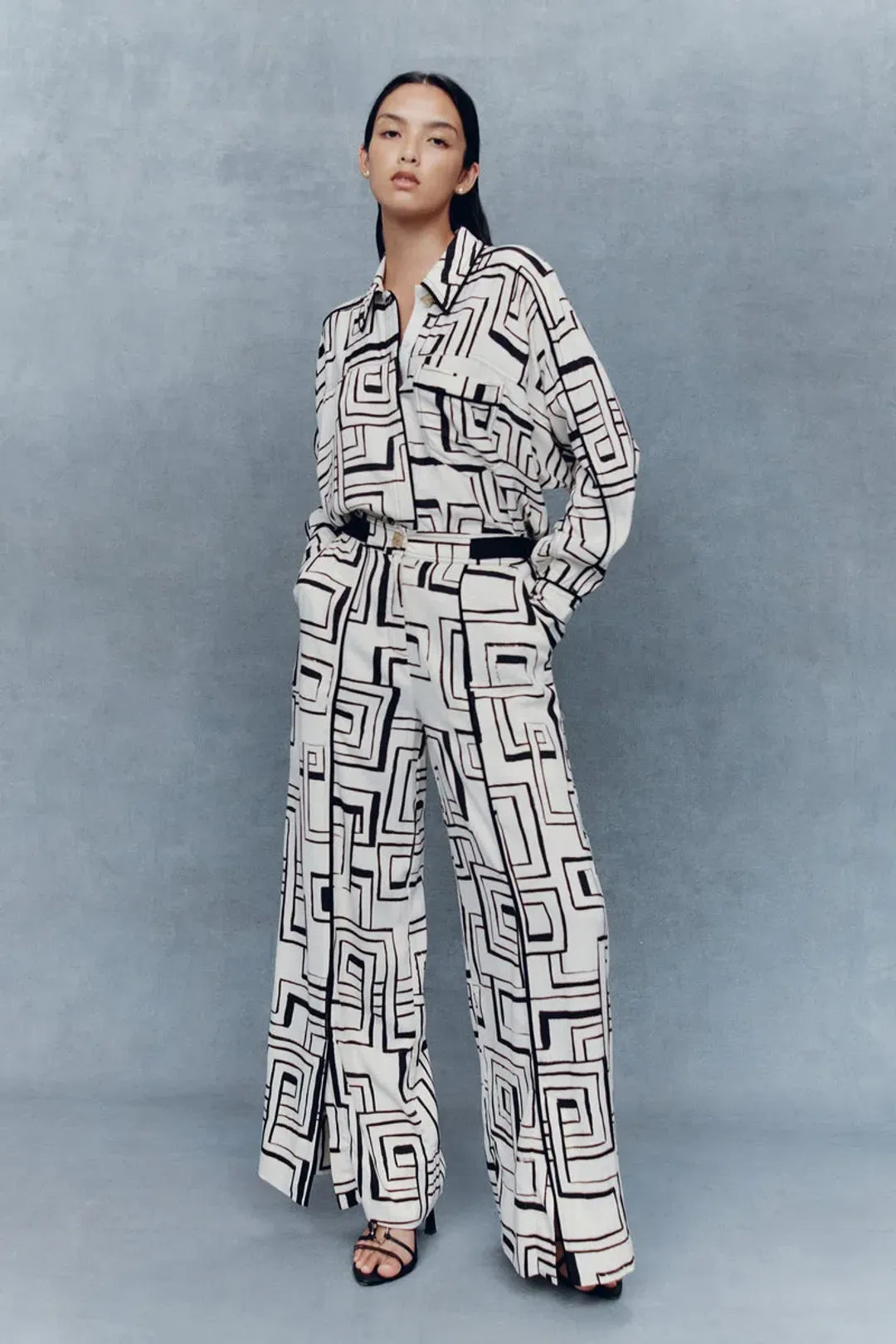 Aje Vortex Belted Shirt and Split Leg Pant Set Print Size 8 Top Size 14 Pants for rent on The Volte - main image