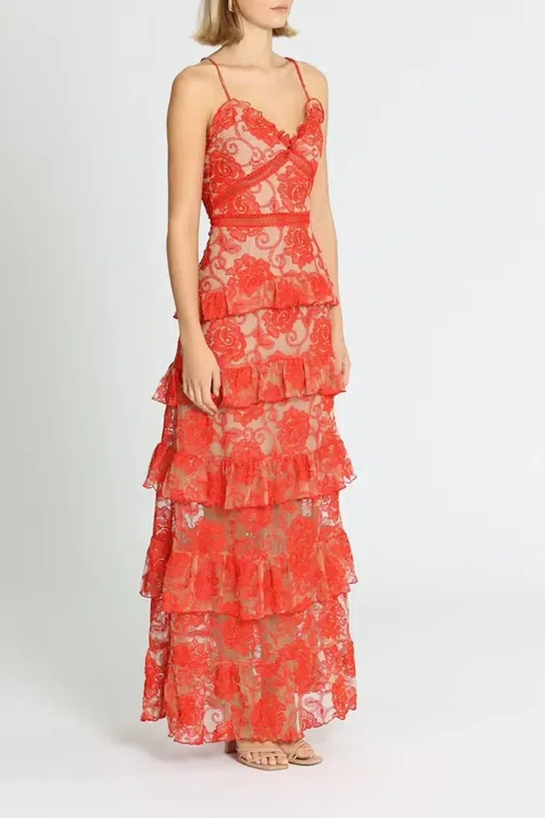 Nicholas Rosie Lace Tiered Gown Red Size 10 for rent on The Volte - main image